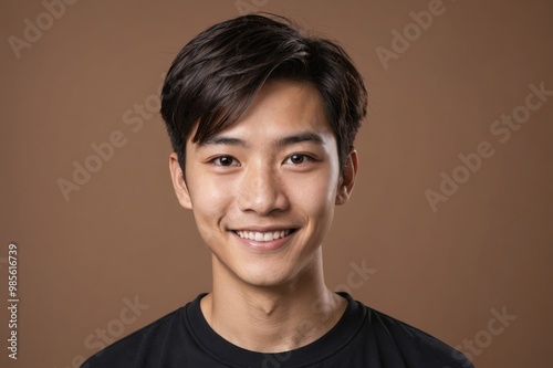 Full framed very close face portrait of a smiling young asian non binary with brown eyes looking at the camera, studio shot,brown background.