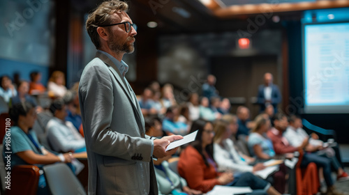 A focused speaker stands in front of an attentive audience during a presentation or conference. The scene highlights learning, public speaking, and knowledge sharing in an academic or professional set