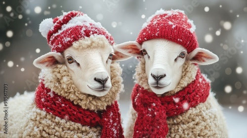 Two sheep wearing in warm red knitted scarf and hat in the snow. Dressed sheep on blurred snowy winter background. Wildlife scene from the wild nature. Christmas banner, card, poster with copy space