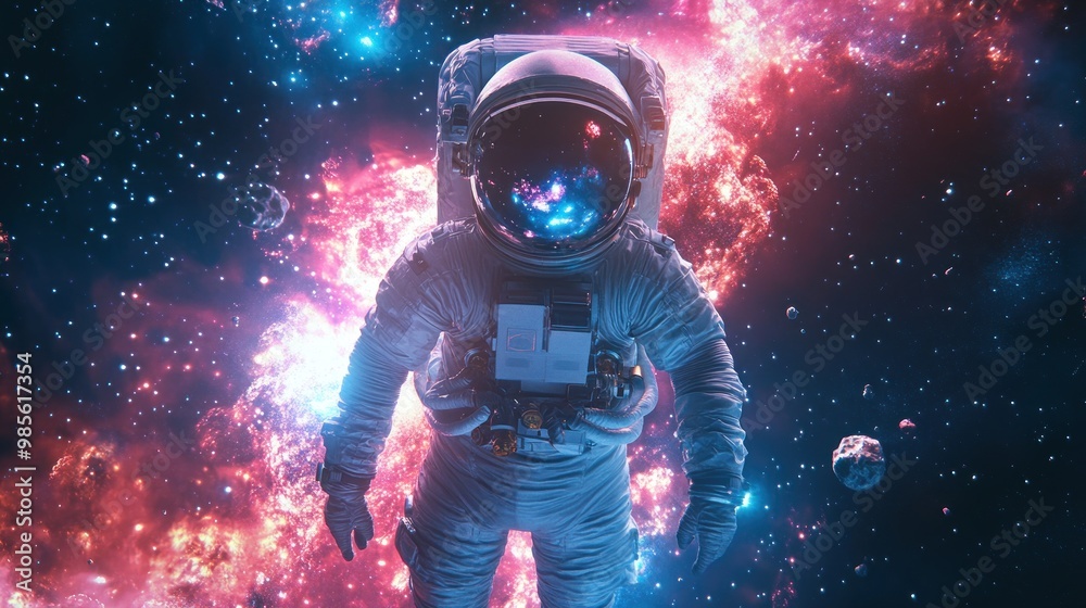 Astronaut in space suit floats in front of a colorful nebula and stars.