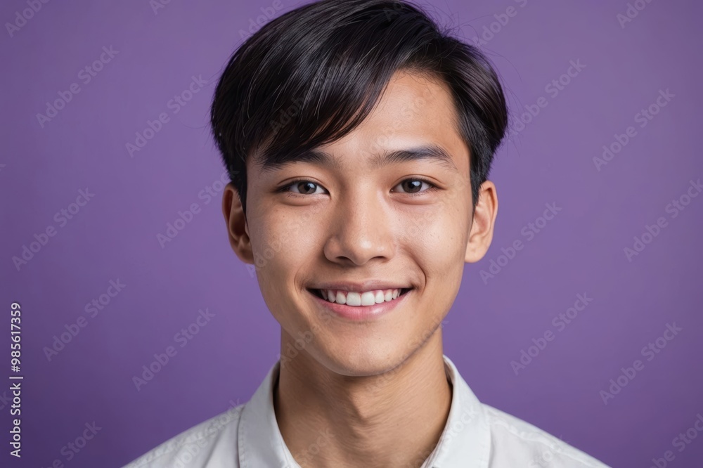 Full framed very close face portrait of a smiling young asian non binary with violet eyes looking at the camera, studio shot,violet background.