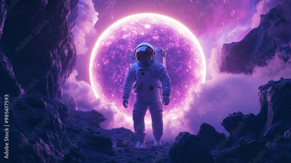 Astronaut standing on a rocky alien planet with a large pink moon in the sky. Astronaut standing on a rocky alien planet with a large pink moon in the sky.