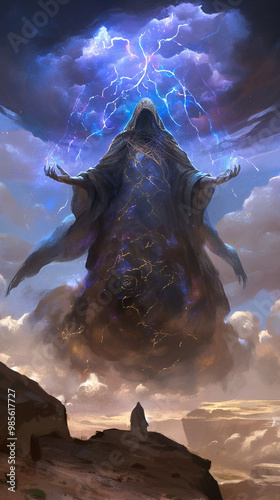 A cloaked wizard is casting a spell