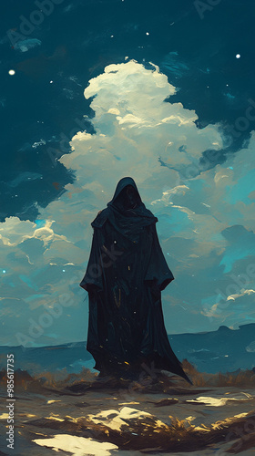 A cloaked wizard is casting a spell