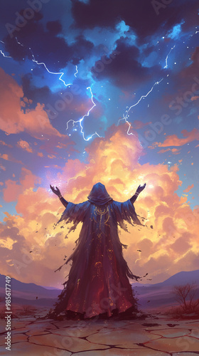A cloaked wizard is casting a spell