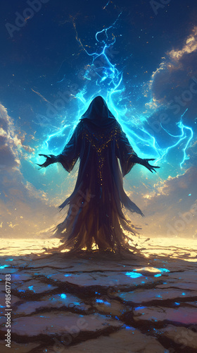 A cloaked wizard is casting a spell
