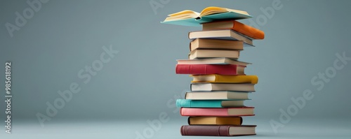Colorful Stack of Books with Opened Novel photo