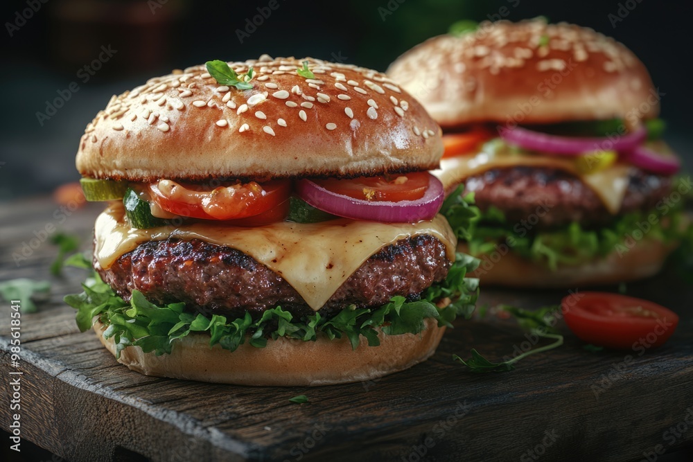 Homemade beef and cheese burgers on wooden table. Unhealthy. Homemade beef and cheese burgers on wooden table. Unhealthy.