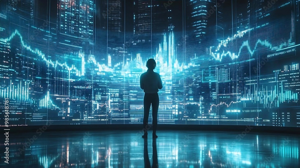 Businessperson Looking at Digital Cityscape with Data Visualization Businessperson Looking at Digital Cityscape with Data Visualization