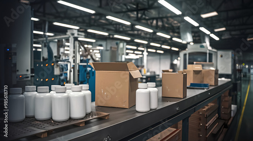 White Plastic Bottles with Blank Labels on conveyer belt. Industrial manufacturing inside factory or commercial laboratory workspace.
