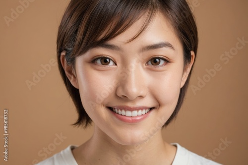 Full framed very close face portrait of a smiling young japanese woman with hazel eyes looking at the camera, studio shot,hazel background.