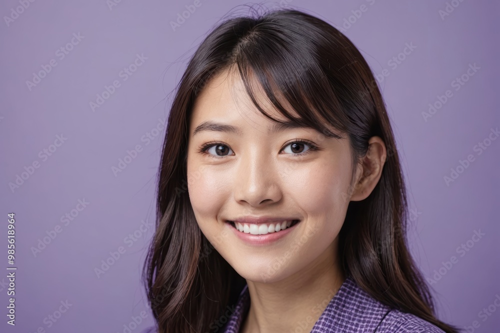Full framed very close face portrait of a smiling young japanese woman with violet eyes looking at the camera, studio shot,violet background. Full framed very close face portrait of a smiling young japanese woman with violet eyes looking at the camera, studio shot,violet background.