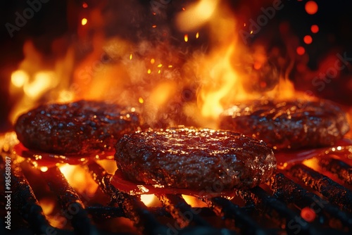 cooking burgers on hot grill with flames burger