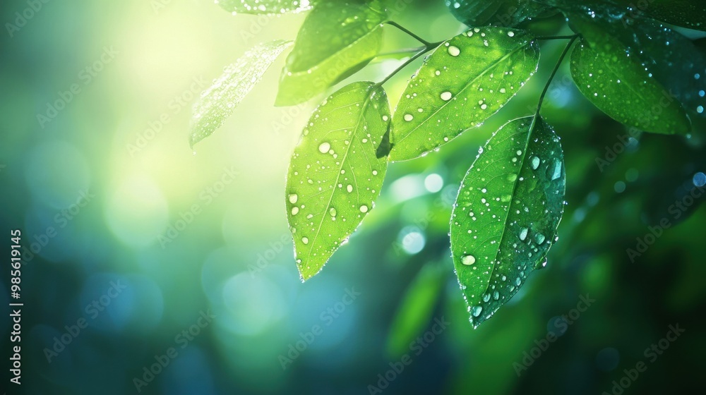 Close up of green leaves with water droplets in the sun. Close up of green leaves with water droplets in the sun.