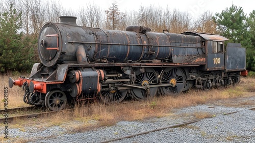 An abandoned vintage steam locomotive surrounded by overgrown grass and trees, showcasing its rustic charm and historical significance.