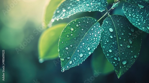 Close-up of green leaves covered in water droplets, illuminated by sunlight.