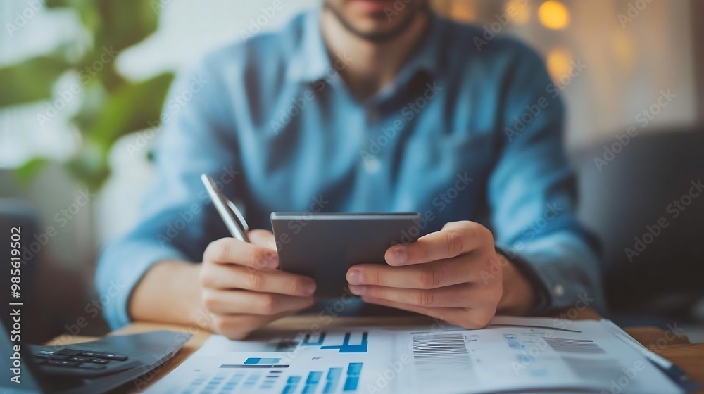 Businessman Working on Laptop with Financial Charts and Reports Businessman Working on Laptop with Financial Charts and Reports