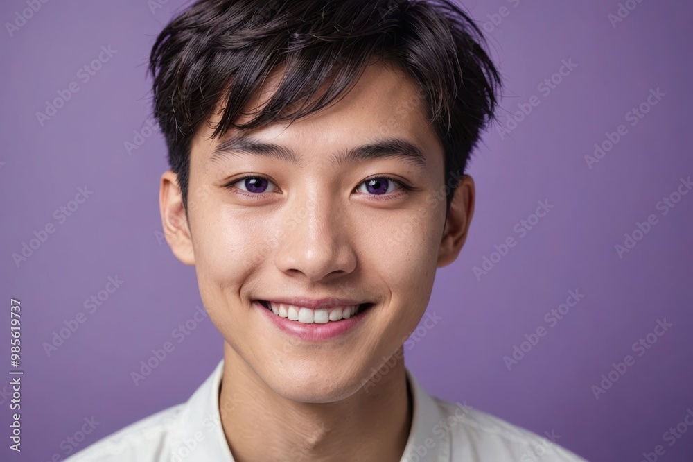 Full framed very close face portrait of a smiling young japanese non binary with violet eyes looking at the camera, studio shot,violet background. Full framed very close face portrait of a smiling young japanese non binary with violet eyes looking at the camera, studio shot,violet background.