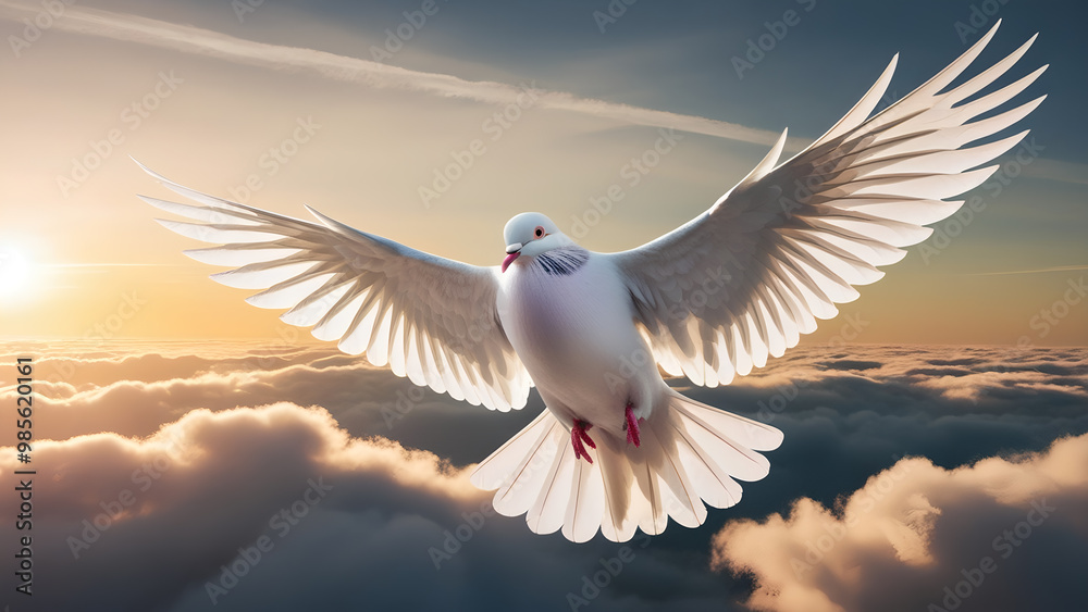 Obraz premium White pigeon or dove bird, Its snow-white feathers glistening in the warm sunlight, spreads its wings, above the cloud and sunlight through the pigeon.