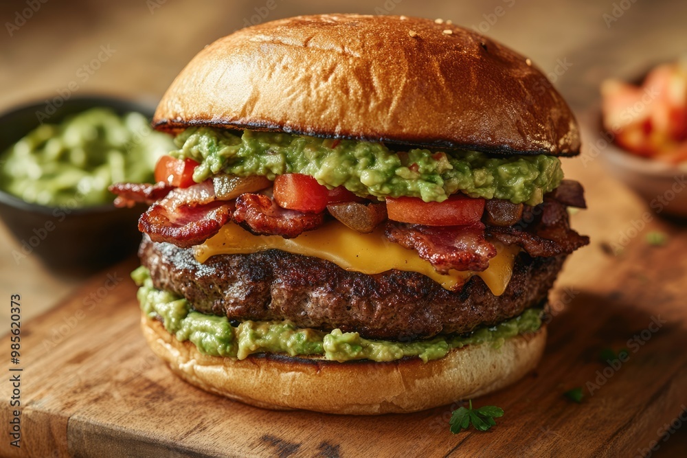 burger Guacamole beef burger with melted cheese and bacon on wooden background burger Guacamole beef burger with melted cheese and bacon on wooden background