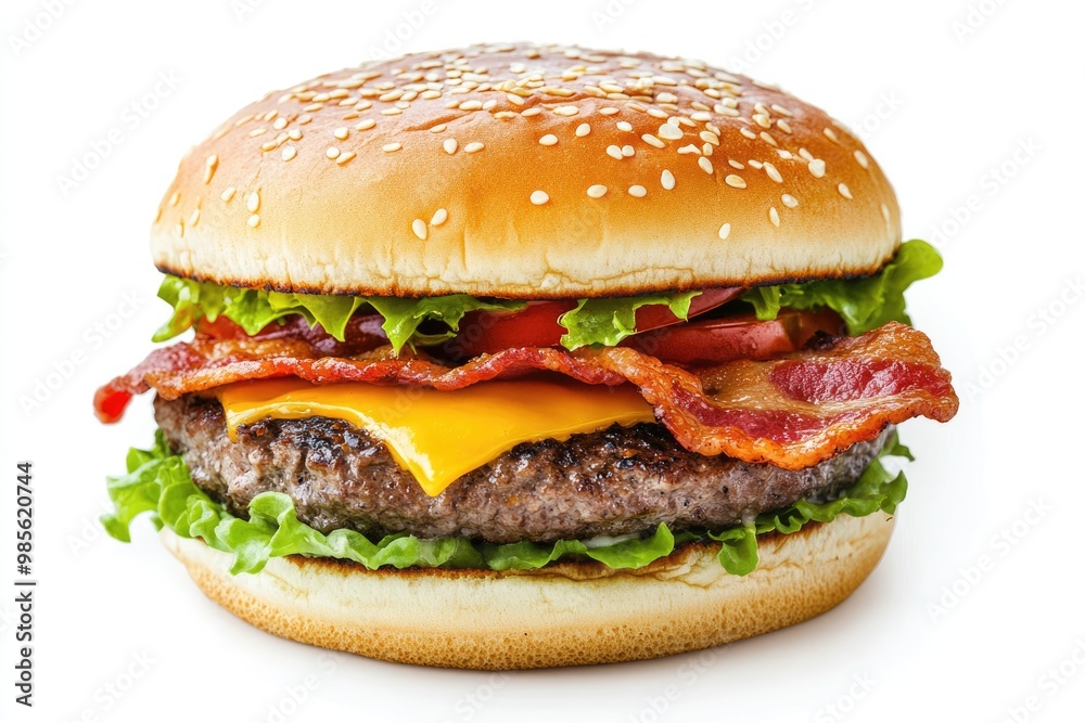 single fresh burger with beef cheese bacon and vegetables isolated on white background burger single fresh burger with beef cheese bacon and vegetables isolated on white background burger
