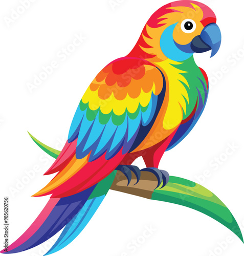 blue and yellow macaw ara  vibrant parrot with a rainbow of feathers, sitting calmly on a branch. Its feathers should be detailed full body white background vector illustration