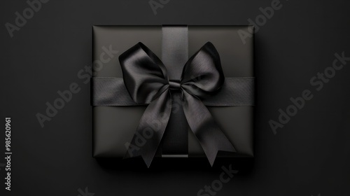 Black friday gift, paper box with silk ribbon bow on black paper background with copy space for text transparent background