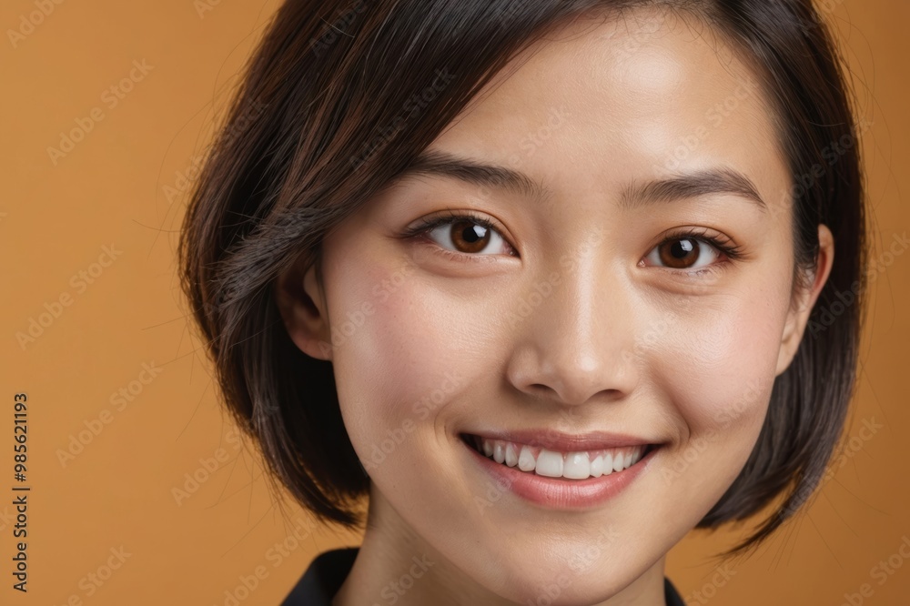 Full framed very close face portrait of a smiling young chinese woman with amber eyes looking at the camera, studio shot,amber background. Full framed very close face portrait of a smiling young chinese woman with amber eyes looking at the camera, studio shot,amber background.
