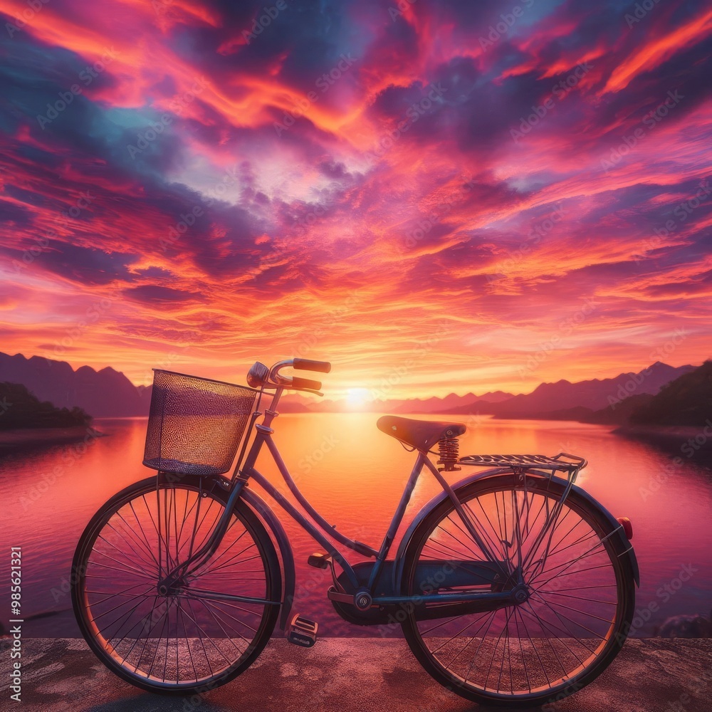 Fototapeta premium A bicycle stands by a tranquil lake as the sun sets, casting stunning pinks, oranges, and purples across the sky. The peaceful scene is framed by distant mountains and the calm reflection of the