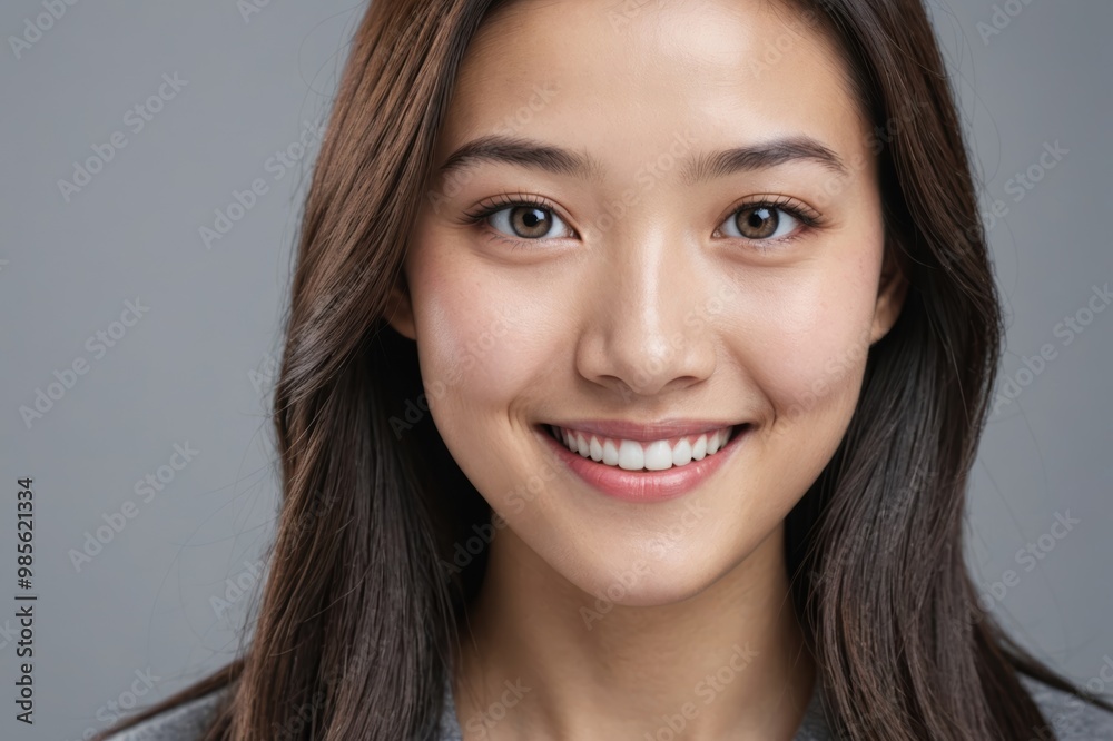 Full framed very close face portrait of a smiling young chinese woman with gray eyes looking at the camera, studio shot,gray background. Full framed very close face portrait of a smiling young chinese woman with gray eyes looking at the camera, studio shot,gray background.