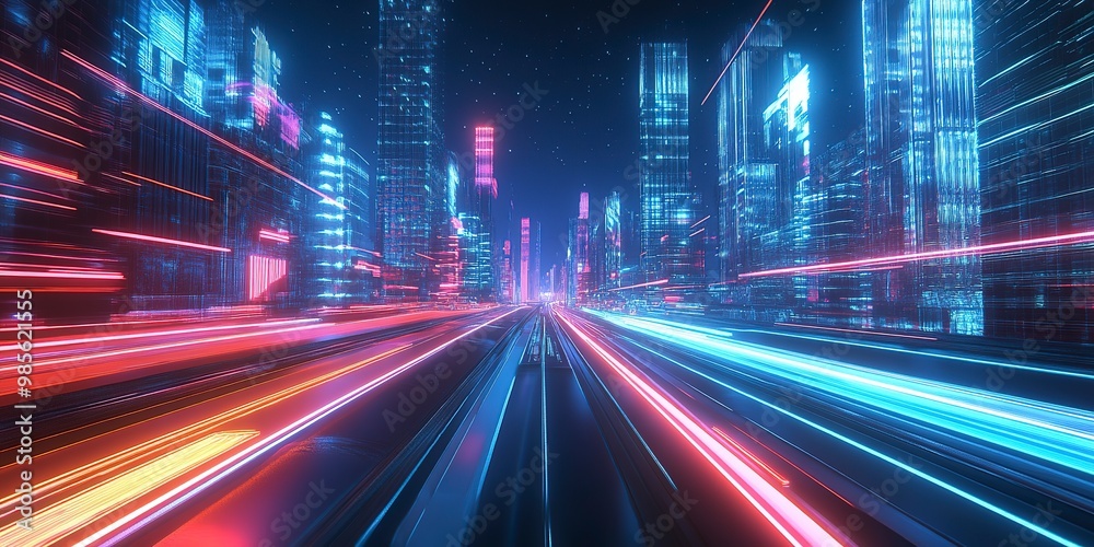 a futuristic city at night with neon lights and neon lines. a futuristic city at night with neon lights and neon lines.
