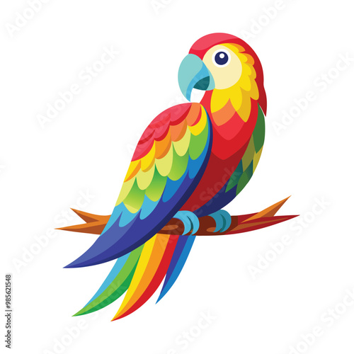 blue and yellow macaw ara  vibrant parrot with a rainbow of feathers, sitting calmly on a branch. Its feathers should be detailed full body white background vector illustration