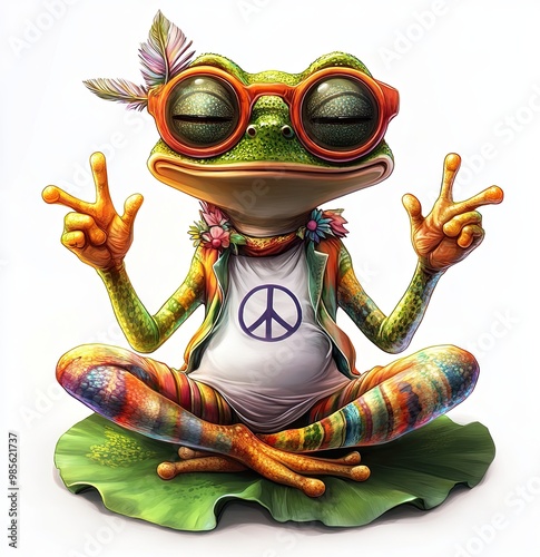 Hippie frog with peace sign and sunglasses, Colorful cartoon frog dressed as a hippie, wearing sunglasses and making a peace sign. Ideal for groovy, retro, or nature-themed designs.

