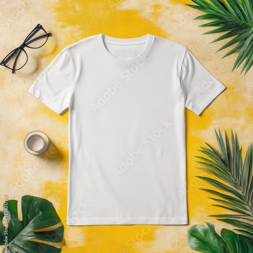 A simple white t-shirt is placed on a bright yellow background, with green tropical leaves and glasses nearby, creating a casual arrangement photo