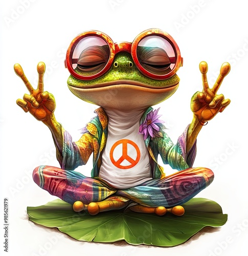 Hippie frog with peace sign and sunglasses, Colorful cartoon frog dressed as a hippie, wearing sunglasses and making a peace sign. Ideal for groovy, retro, or nature-themed designs.


