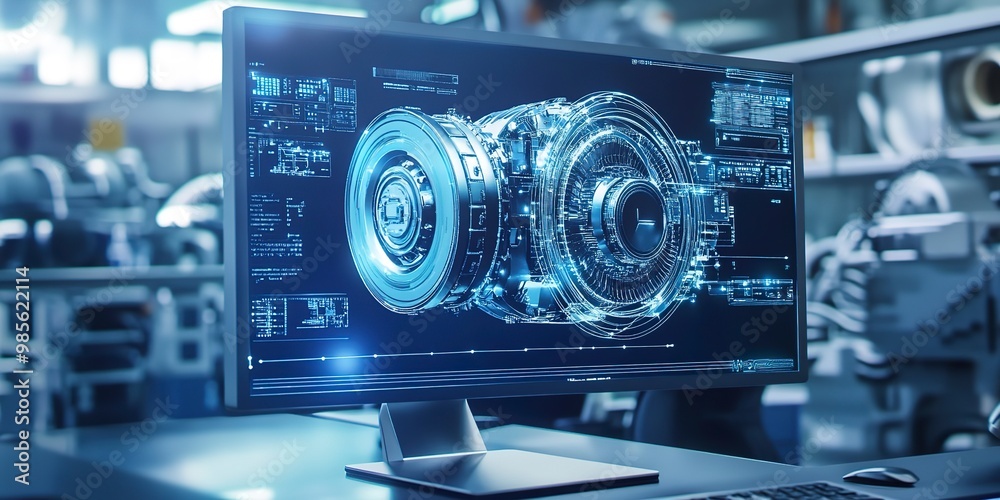 A computer monitor displays a futuristic engine design. Concept of innovation and technological advancement A computer monitor displays a futuristic engine design. Concept of innovation and technological advancement