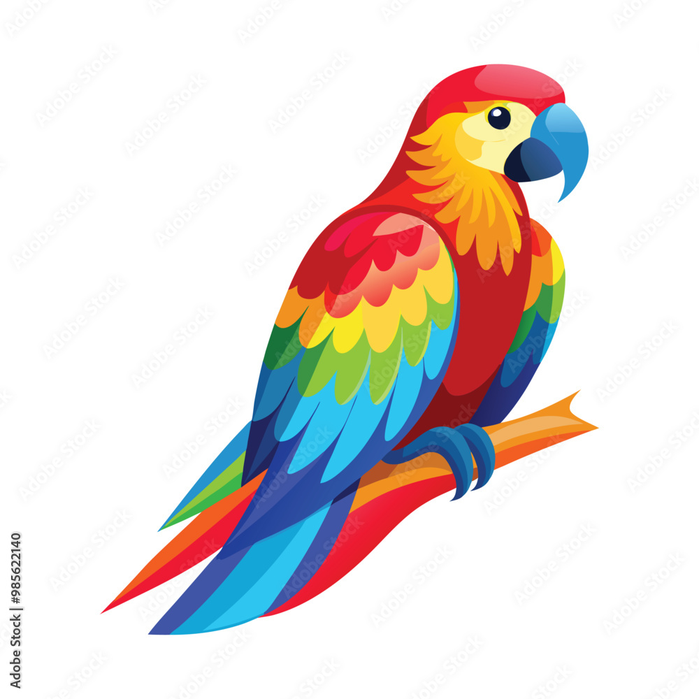 Obraz premium blue and yellow macaw ara vibrant parrot with a rainbow of feathers, sitting calmly on a branch. Its feathers should be detailed full body white background vector illustration
