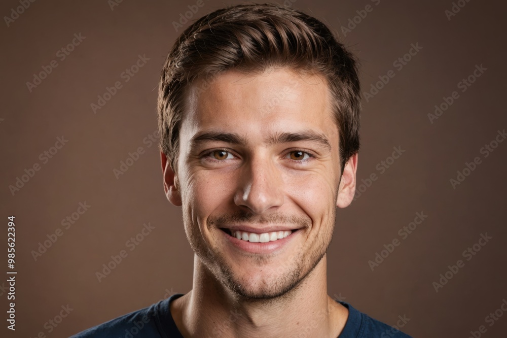 Obraz premium Full framed very close face portrait of a smiling young caucasian man with brown eyes looking at the camera, studio shot,brown background.