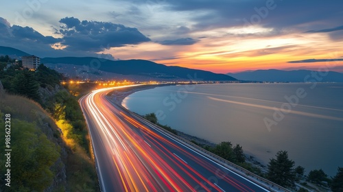 Fototapeta Naklejka Na Ścianę i Meble -  Car lights on the sea and highway. Car lights on the coastal road show the speed in traffic. Fast car lights on the road passing by the beach at sunset. Mudanya, Bursa, Turkey.
