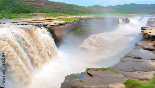 Magnificent Hukou Falls, powerful water gushing down. photo