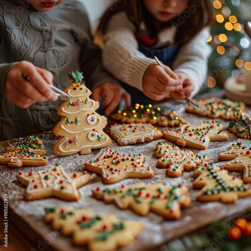 Children icing homemade Christmas cookies in festive shapes on a wooden table, celebrating holiday traditions with colorful decorations.