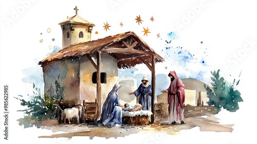 Christmas Nativity Scene. Watercolor Painting. Biblical Illustration transparent background photo