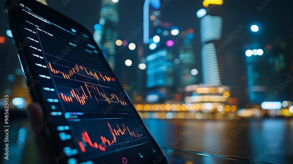 Stock Market App on Smartphone with City Skyline at Night Stock Market App on Smartphone with City Skyline at Night