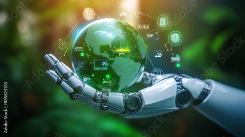 A robot is holding a globe with a lot of information on it