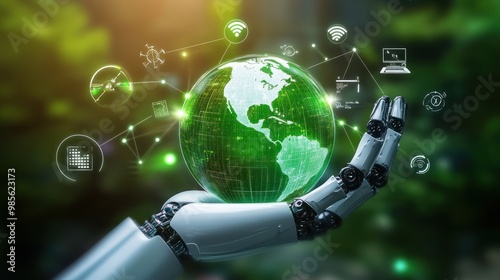 A robot is holding a globe with a lot of information on it