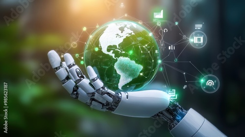 A robot is holding a globe with a lot of information on it