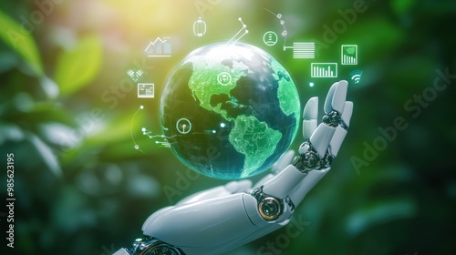 A robot is holding a globe with a lot of information on it