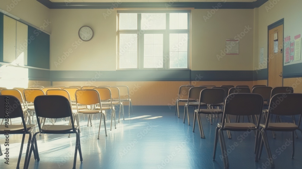 Empty classroom with chairs and a window with sunlight streaming through. Empty classroom with chairs and a window with sunlight streaming through.