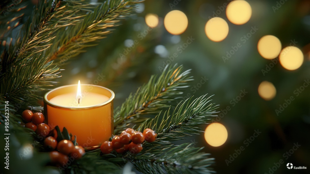 Close up of a candle in a spruce tree with berries transparent background Close up of a candle in a spruce tree with berries transparent background
