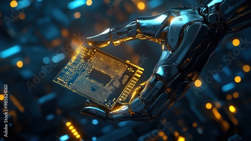 A robot is holding a computer chip in its hand